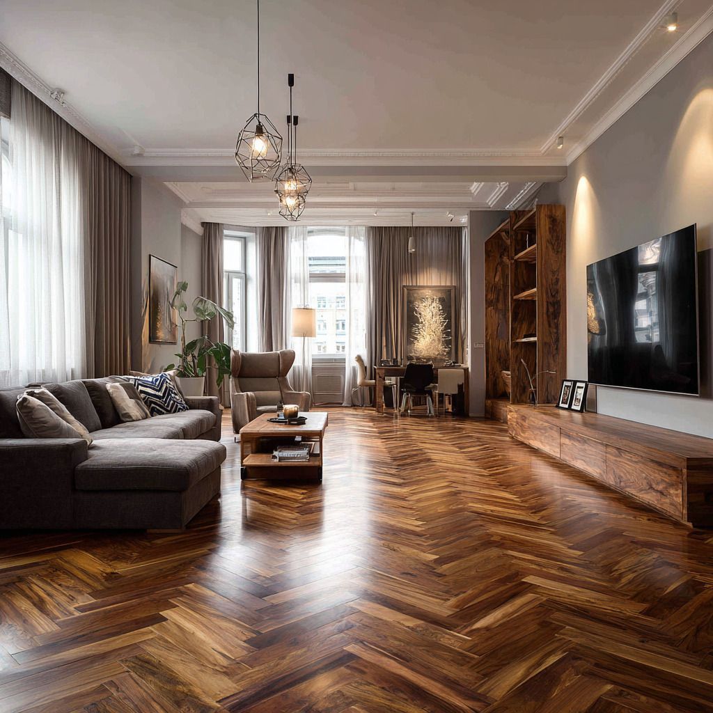 Salón moderno con suelo de madera en espiga, sofá gris, televisor montado en la pared y grandes ventanales.