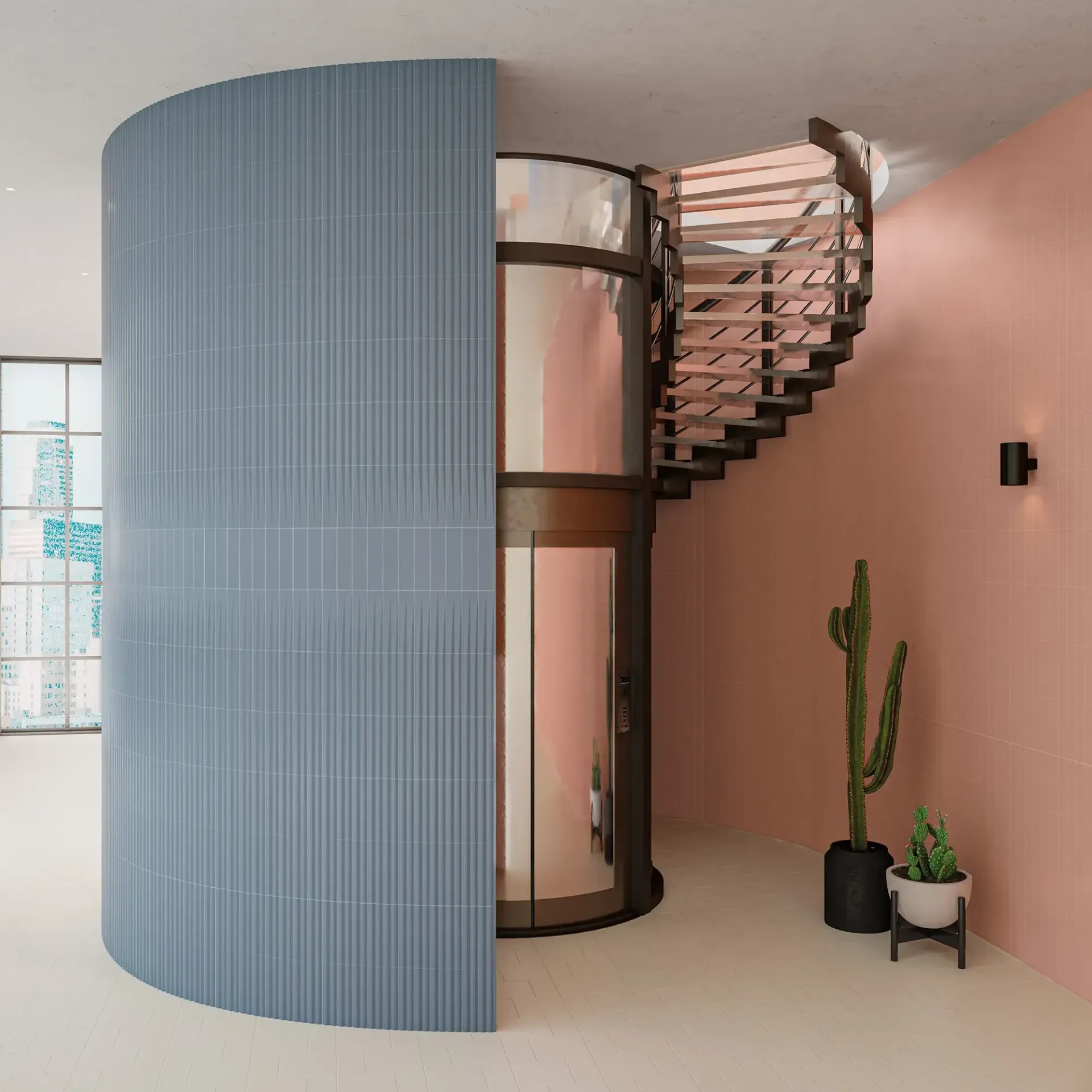 Interior moderno con ascensor de cristal curvado y escalera flotante junto a una pared rosa y plantas en macetas.