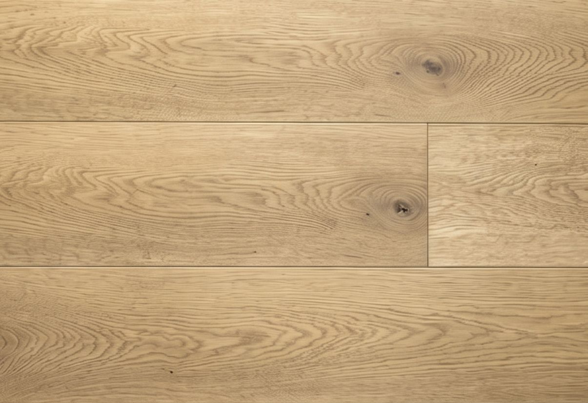 Primer plano de un suelo de madera clara con diseño de espiga.