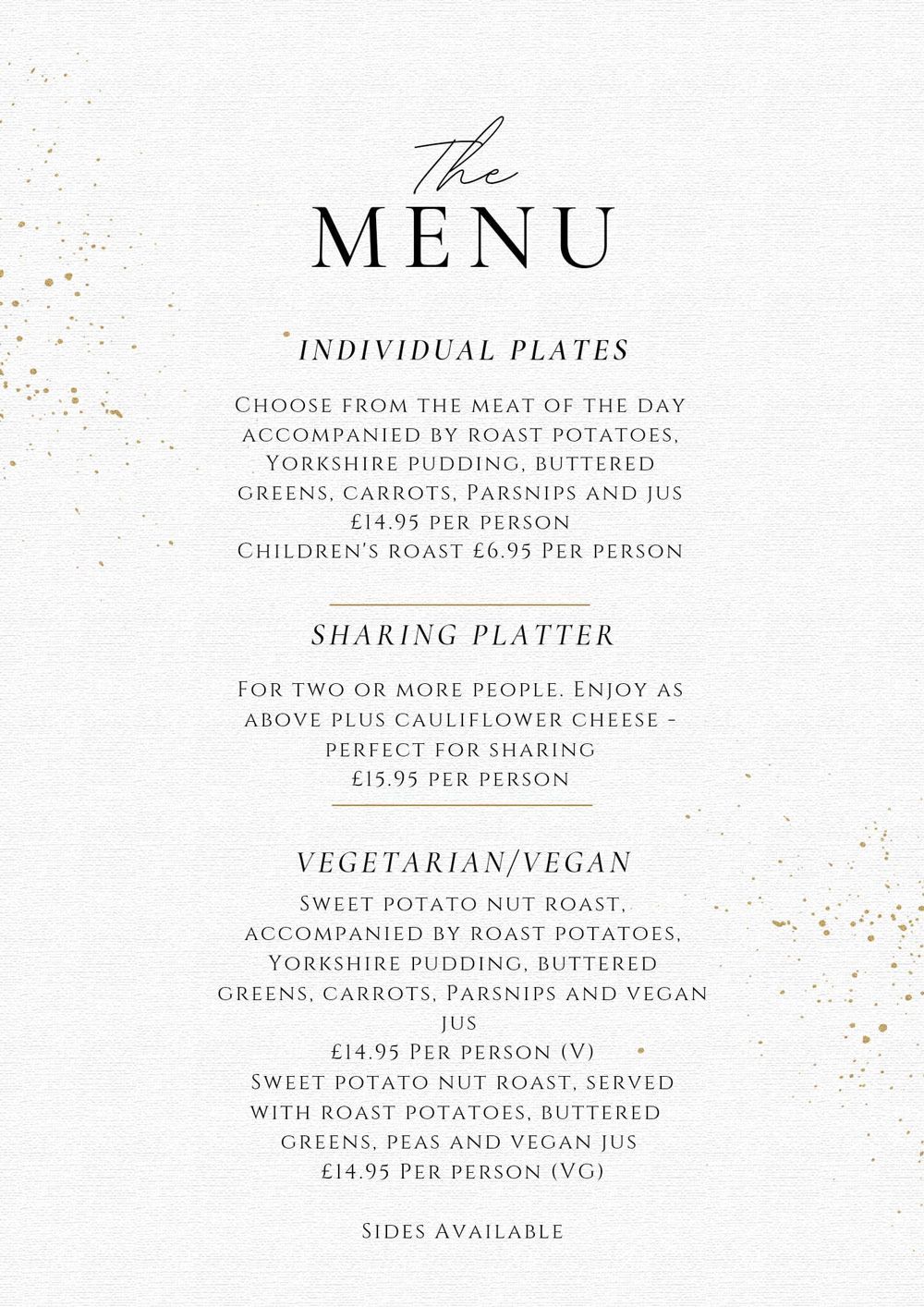 Sunday Lunch menu