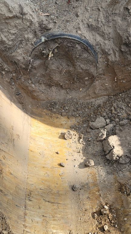 A close up of a horse 's foot in the dirt.