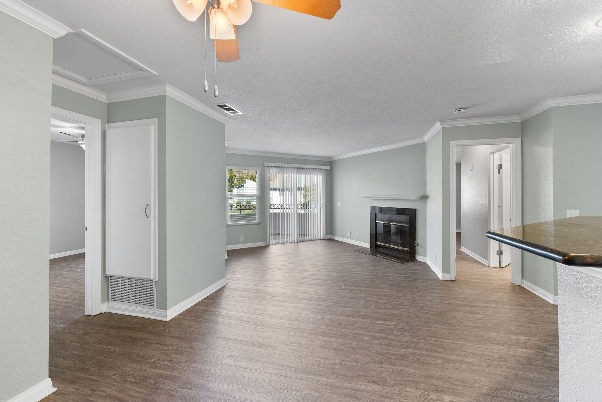 Living room with patio door and fireplace