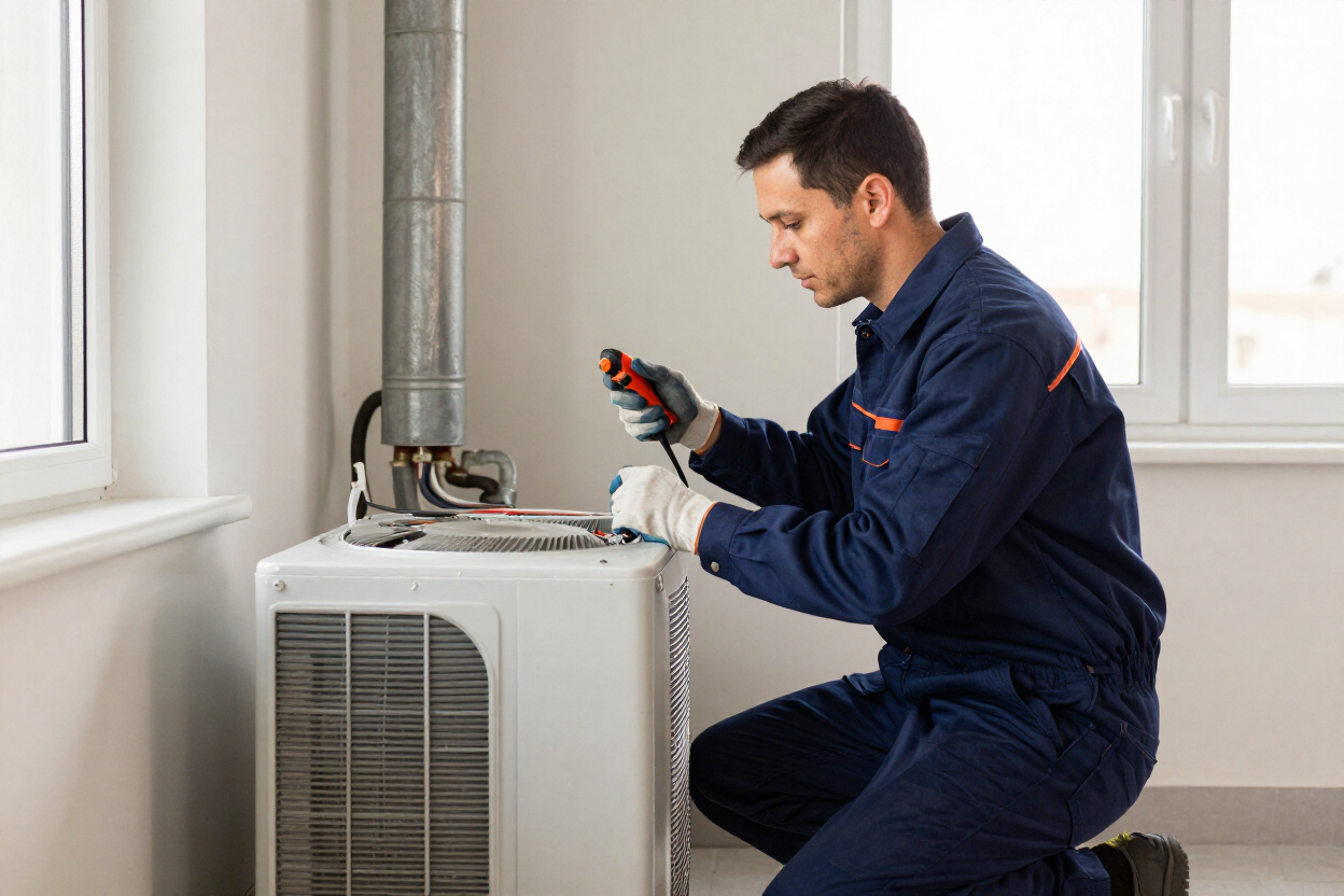 HVAC technician servicing a home system