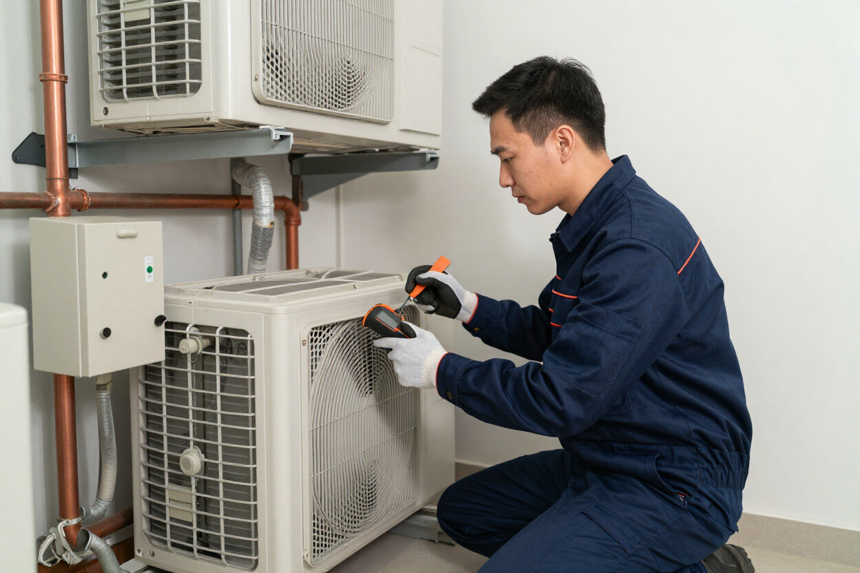 HVAC technician servicing a home system