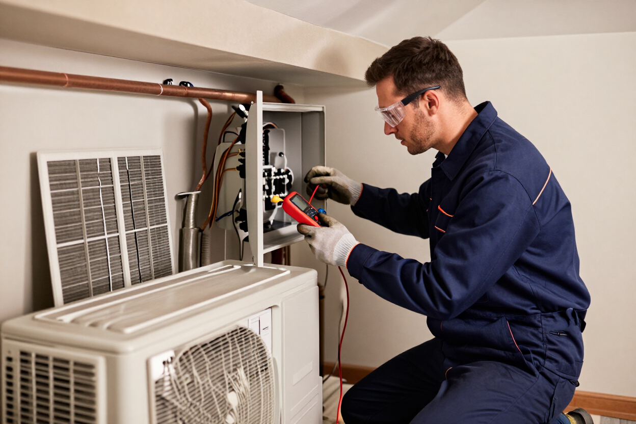 HVAC technician servicing a home system