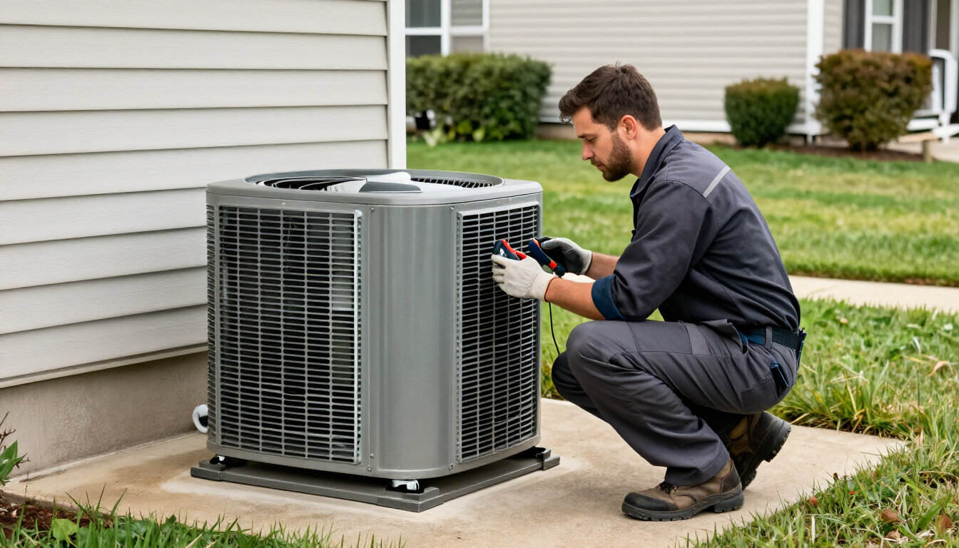 HVAC repair technician inspecting an outdoor air conditioner condenser in Island Heights, NJ