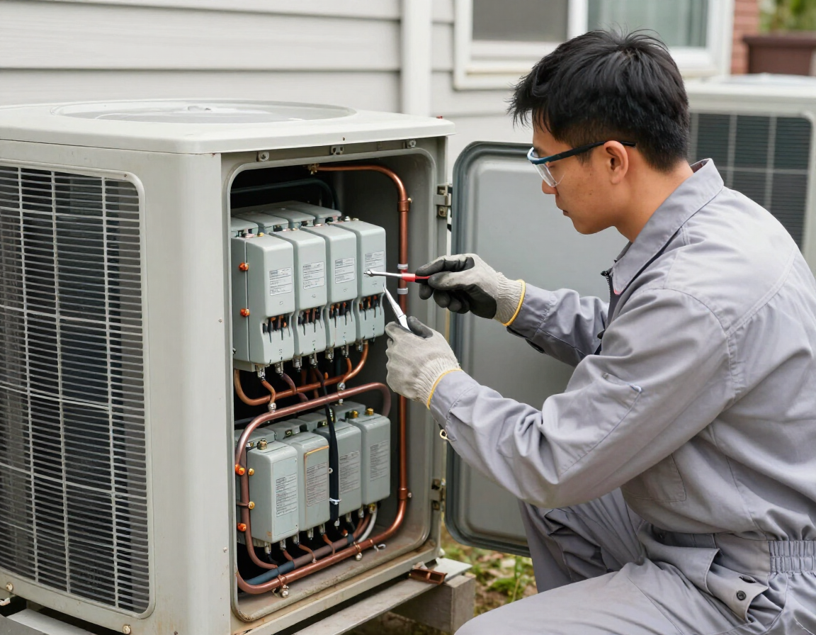 HVAC technician examining a furnace and checking internal components