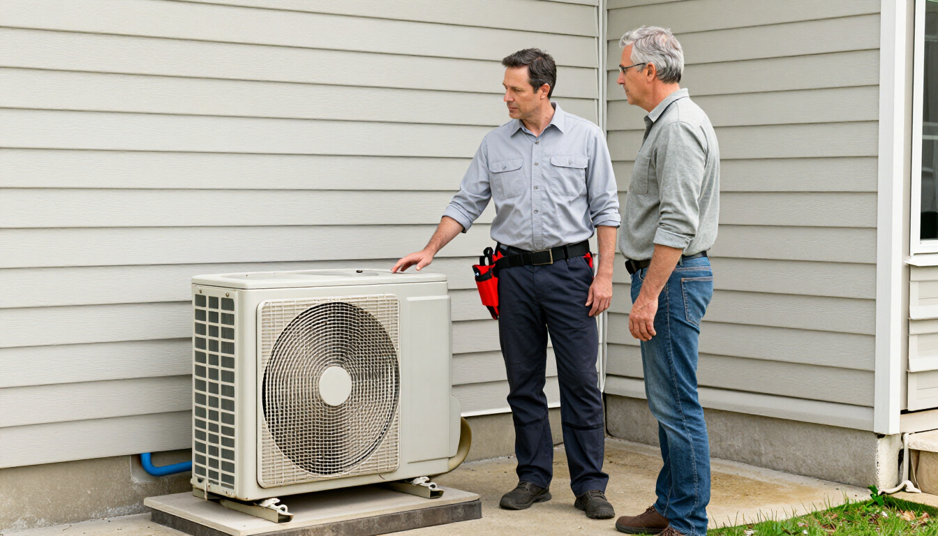 HVAC technician reviewing repair options with a homeowner beside an outdoor condenser