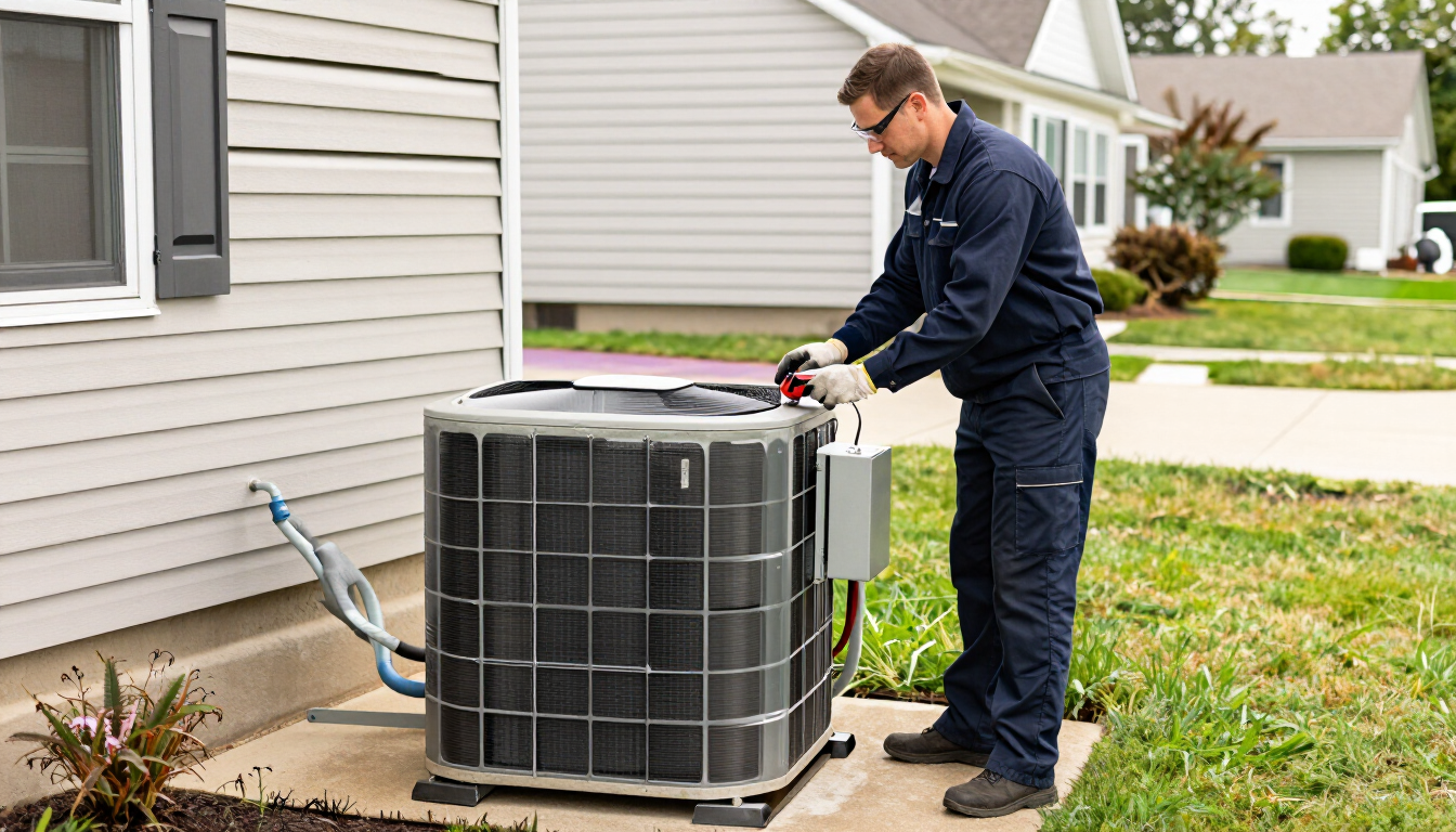 HVAC technician inspecting an outdoor air conditioner condenser in Island Heights, NJ