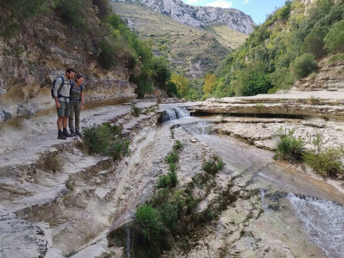 Due escursionisti su un sentiero roccioso di montagna, accanto a un ruscello poco profondo e a ripide scogliere verdi.