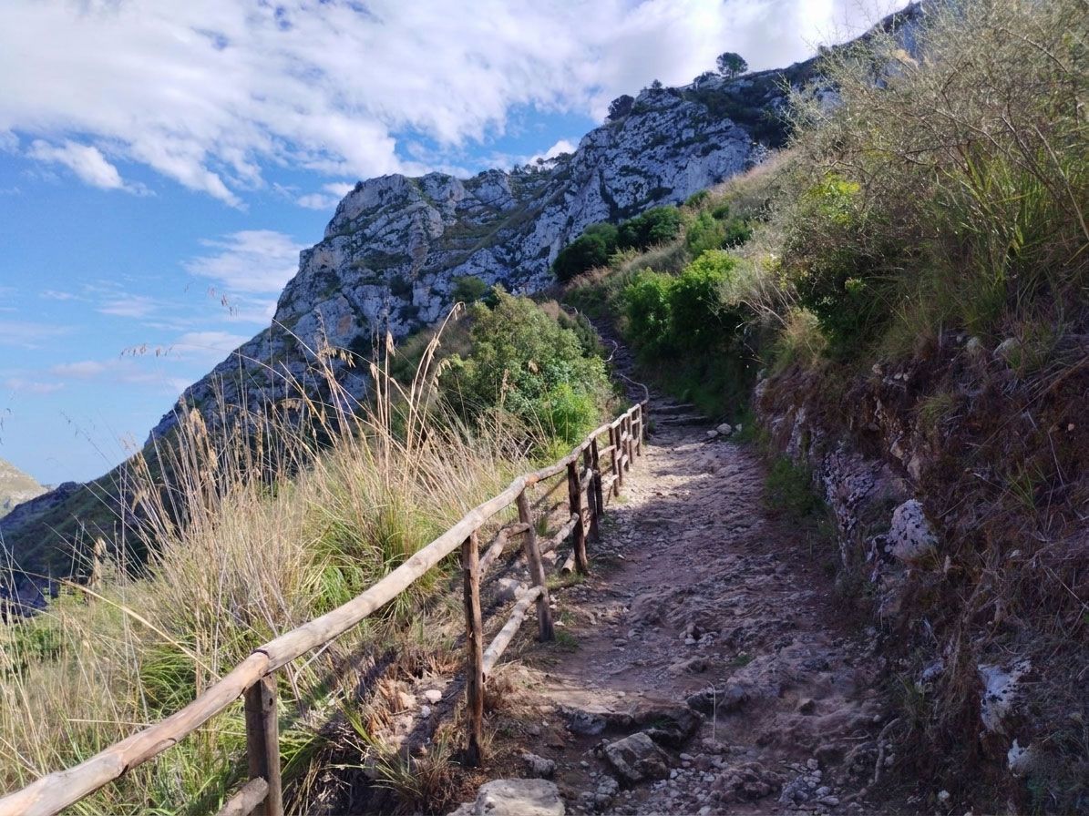 Sentiero di montagna roccioso con ringhiera in legno e verde pendio sotto un cielo azzurro