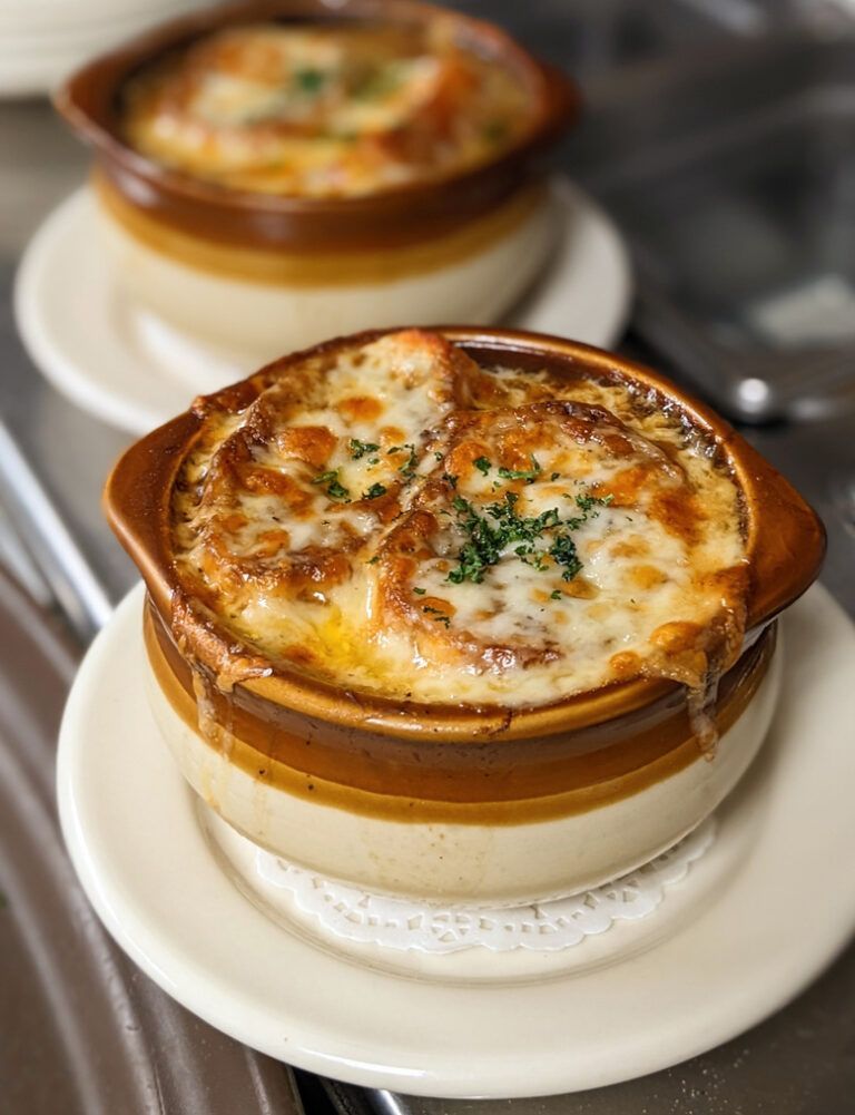 Two bowls of baked French onion soup with melted cheese on white plates