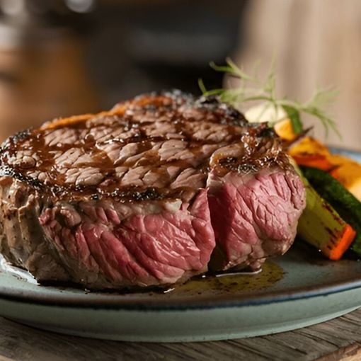 Seared medium-rare steak on a plate with roasted vegetables and herbs