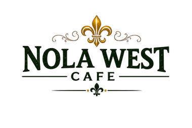 Nola West Cafe logo in black and gold with fleur-de-lis ornament