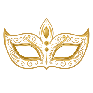 Gold decorative masquerade mask with swirls and a central jewel on a white background