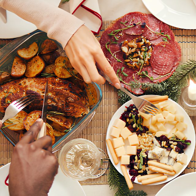 Hands serving a holiday meal with roasted meat, potatoes, charcuterie, and cheese on a table