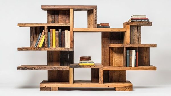 Wooden modular bookshelf with open cubbies and stacked books against a white background