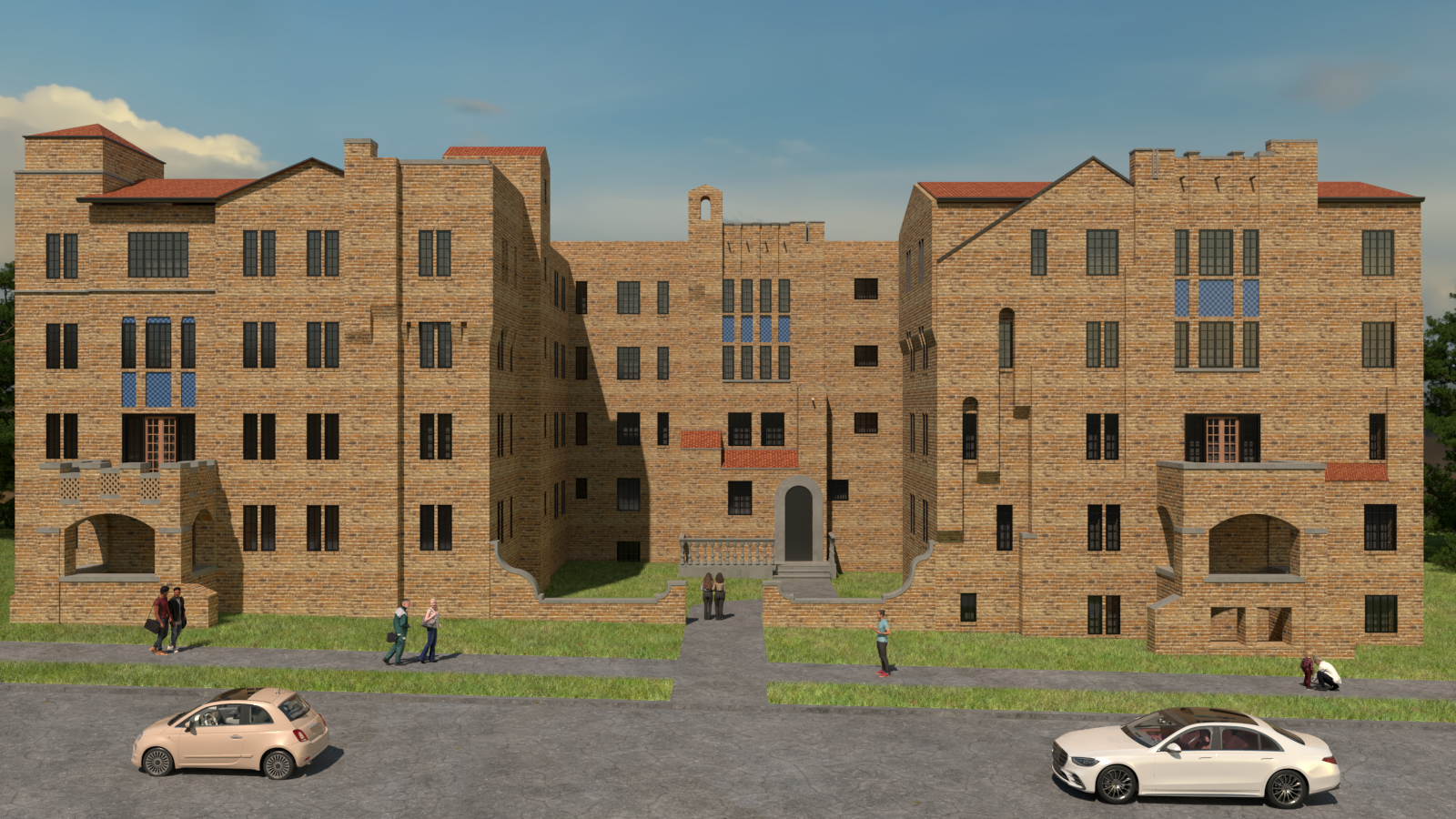 Two cars are parked in front of a large brick building