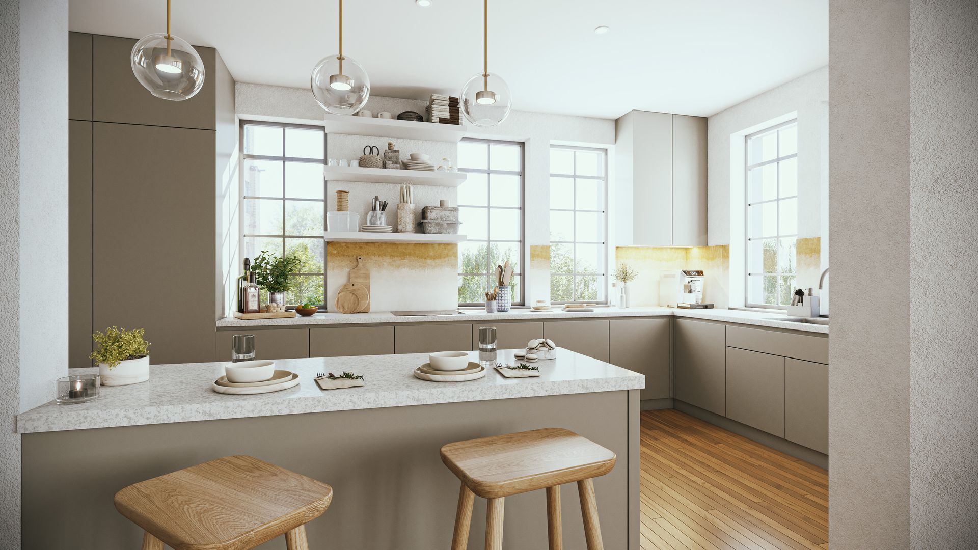 A kitchen with a table and stools and a large window.
