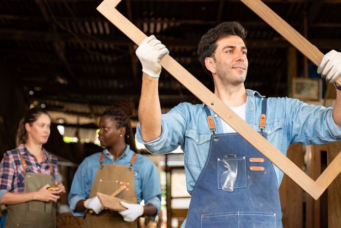 Man holding wooden frame in workshop while two people watch in the background