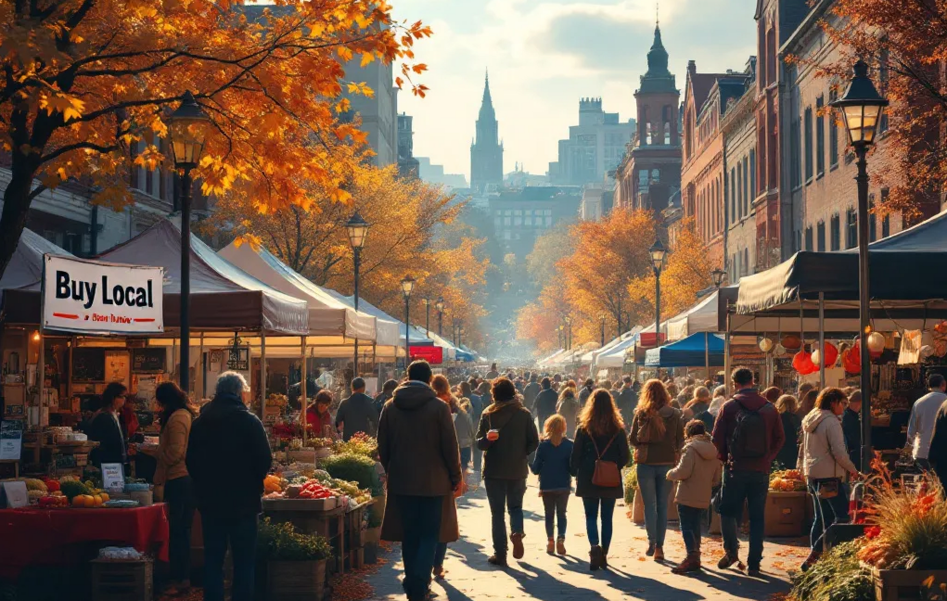 A crowd of people are walking down a street at a farmers market.