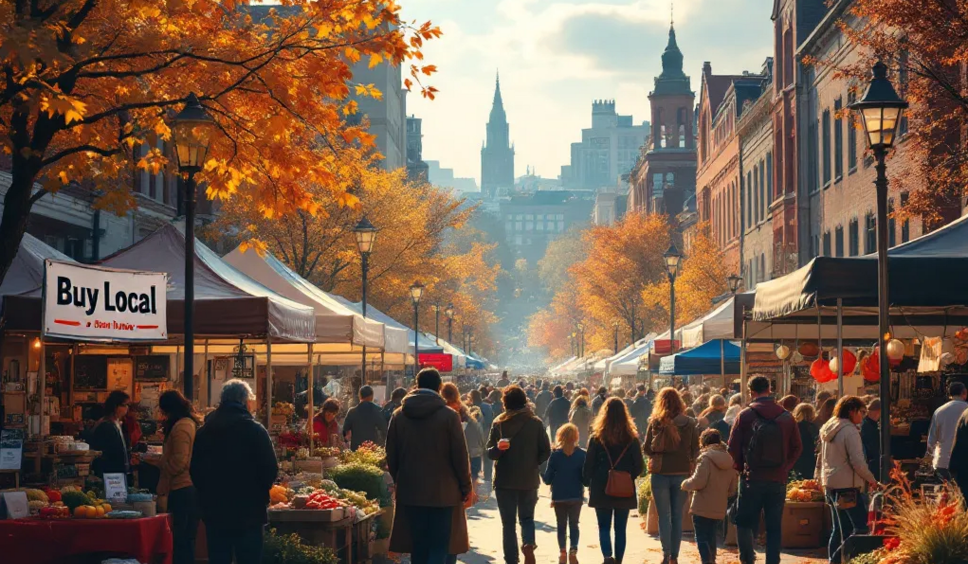 A crowd of people are walking down a street at a farmers market.