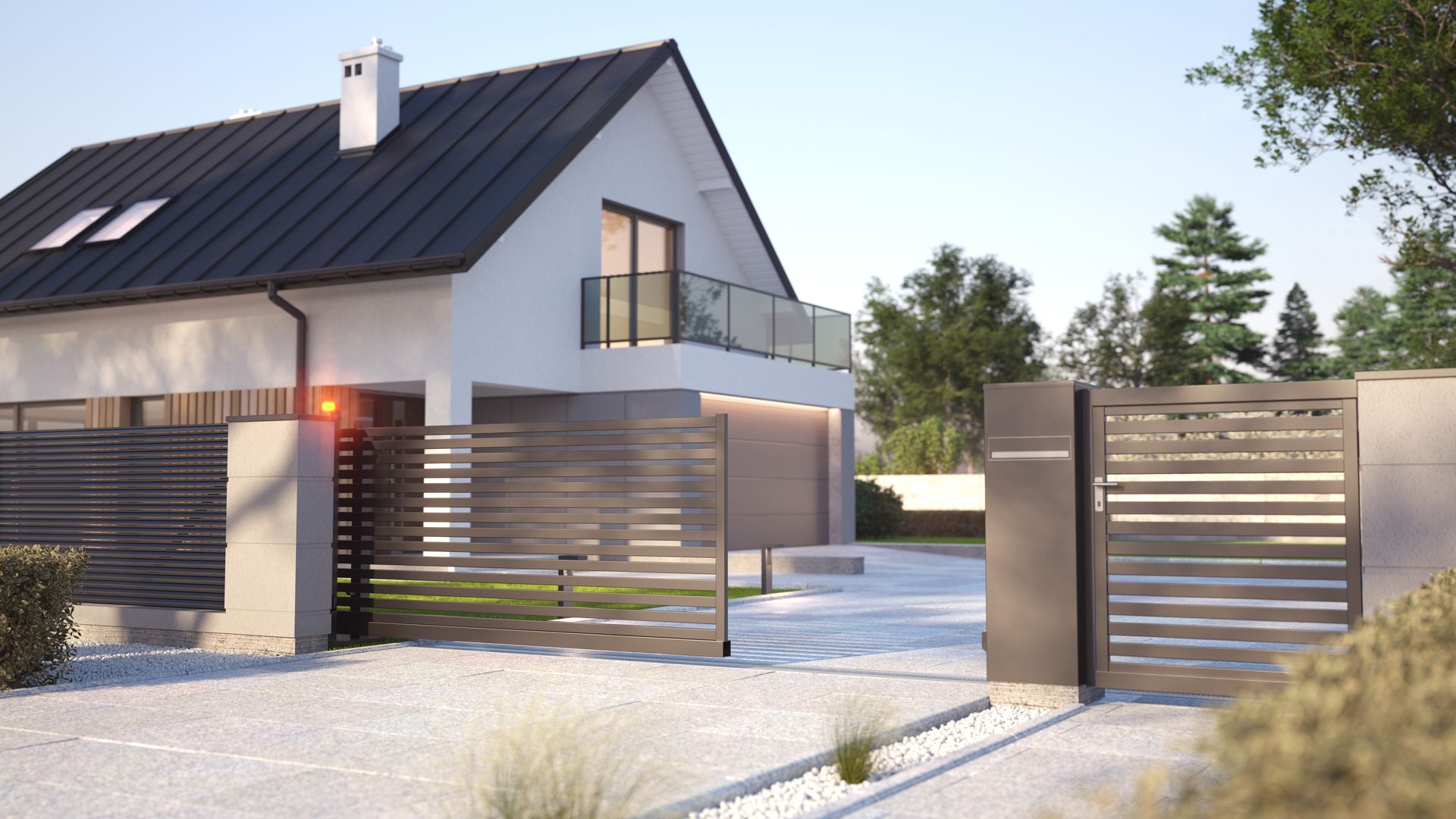 Modern home with a sleek metal driveway gate and fence, featuring landscaped surroundings. Modern home with a sleek metal driveway gate and fence, featuring landscaped surroundings.