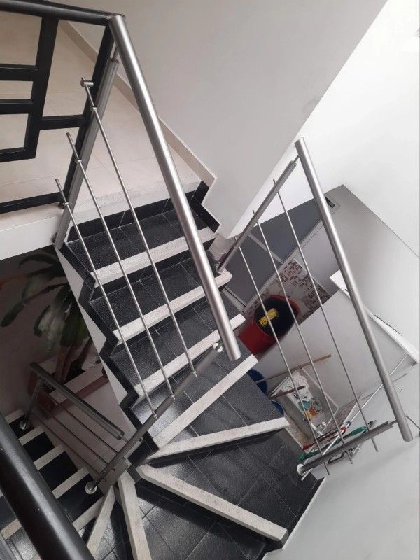 Escalera interior con escalones negros, barandillas blancas y una planta en maceta en un pasillo estrecho.