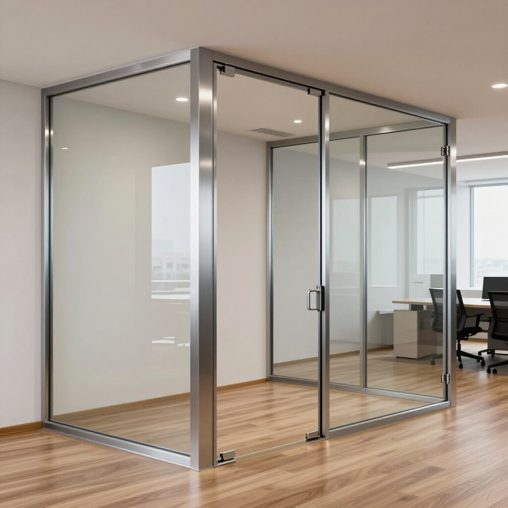 Sala de reuniones de oficina con paredes de cristal, puertas correderas y suelo de madera.