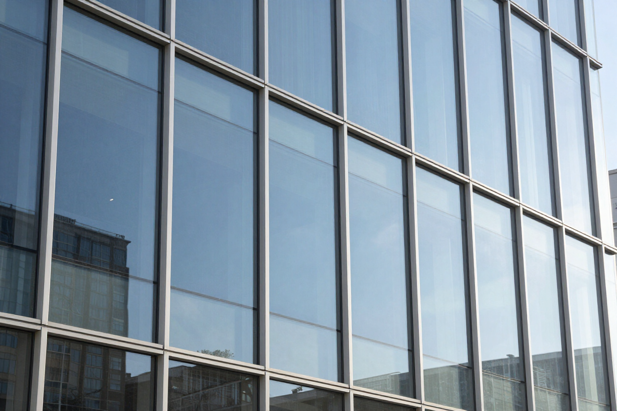 Fachada moderna de edificio de oficinas acristalada con ventanas reflectantes y estructura metálica.