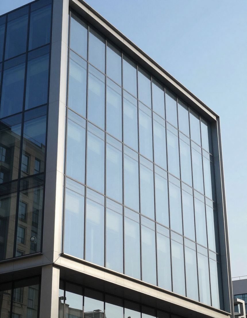 Fachada moderna de un edificio de oficinas de cristal con ventanas reflectantes y cielo azul.