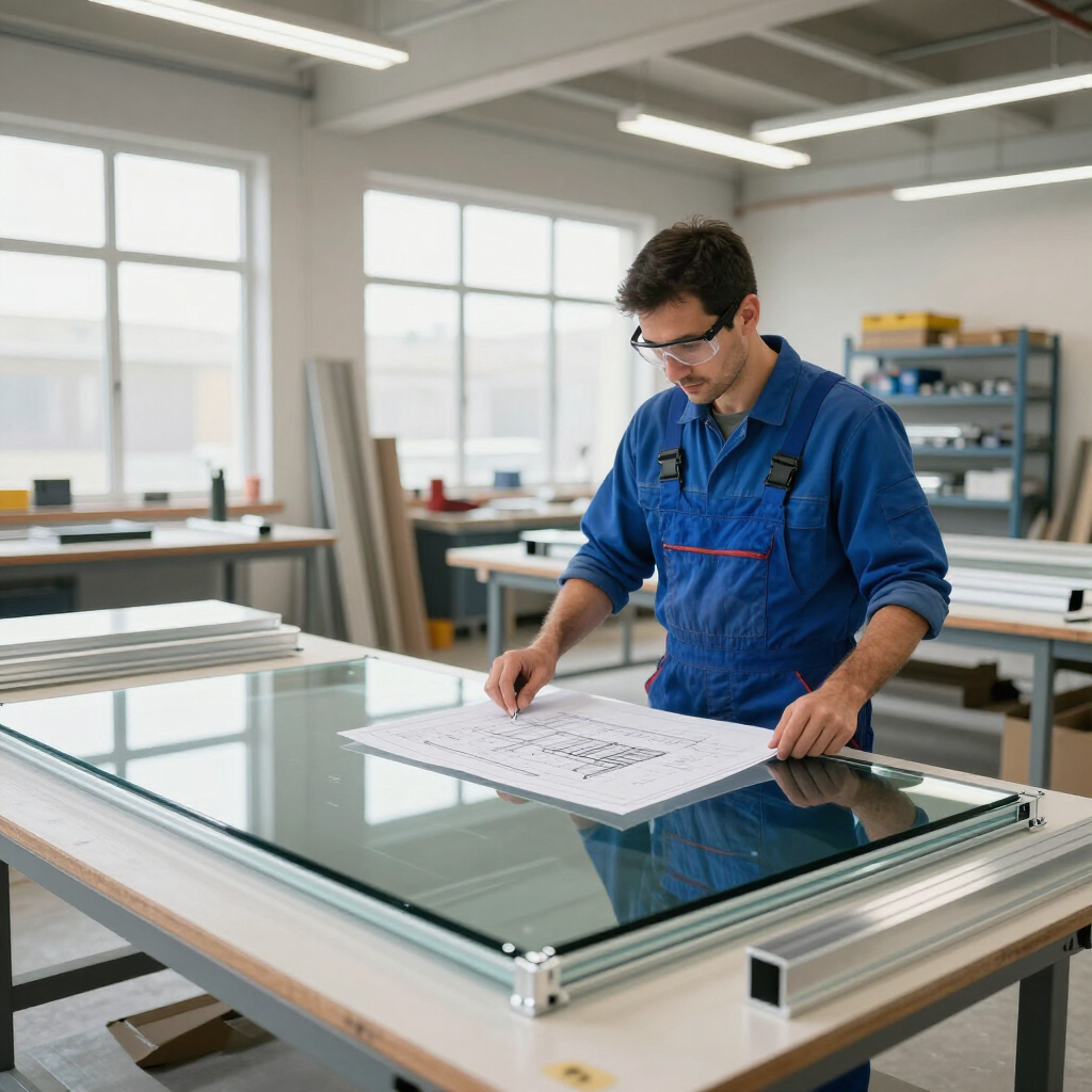 Un trabajador con mono azul revisa el plano de un gran panel de vidrio en un taller luminoso.