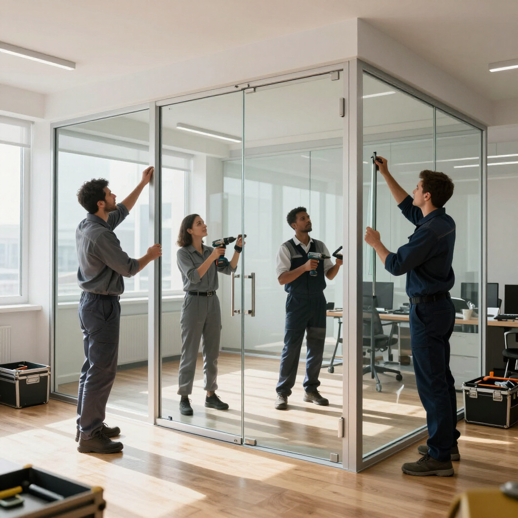 Cuatro personas instalando mamparas de cristal en una oficina moderna y luminosa.