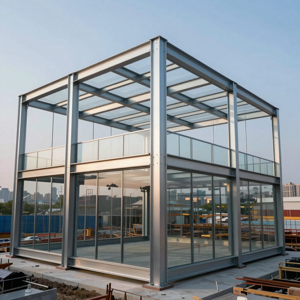 Edificio de vidrio con estructura de acero en construcción en un sitio con andamios y materiales a su alrededor.