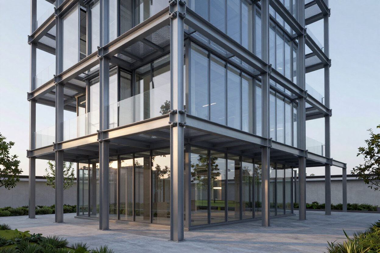 Estructura moderna de vidrio y acero en construcción, con columnas y vigas a la vista en el exterior.