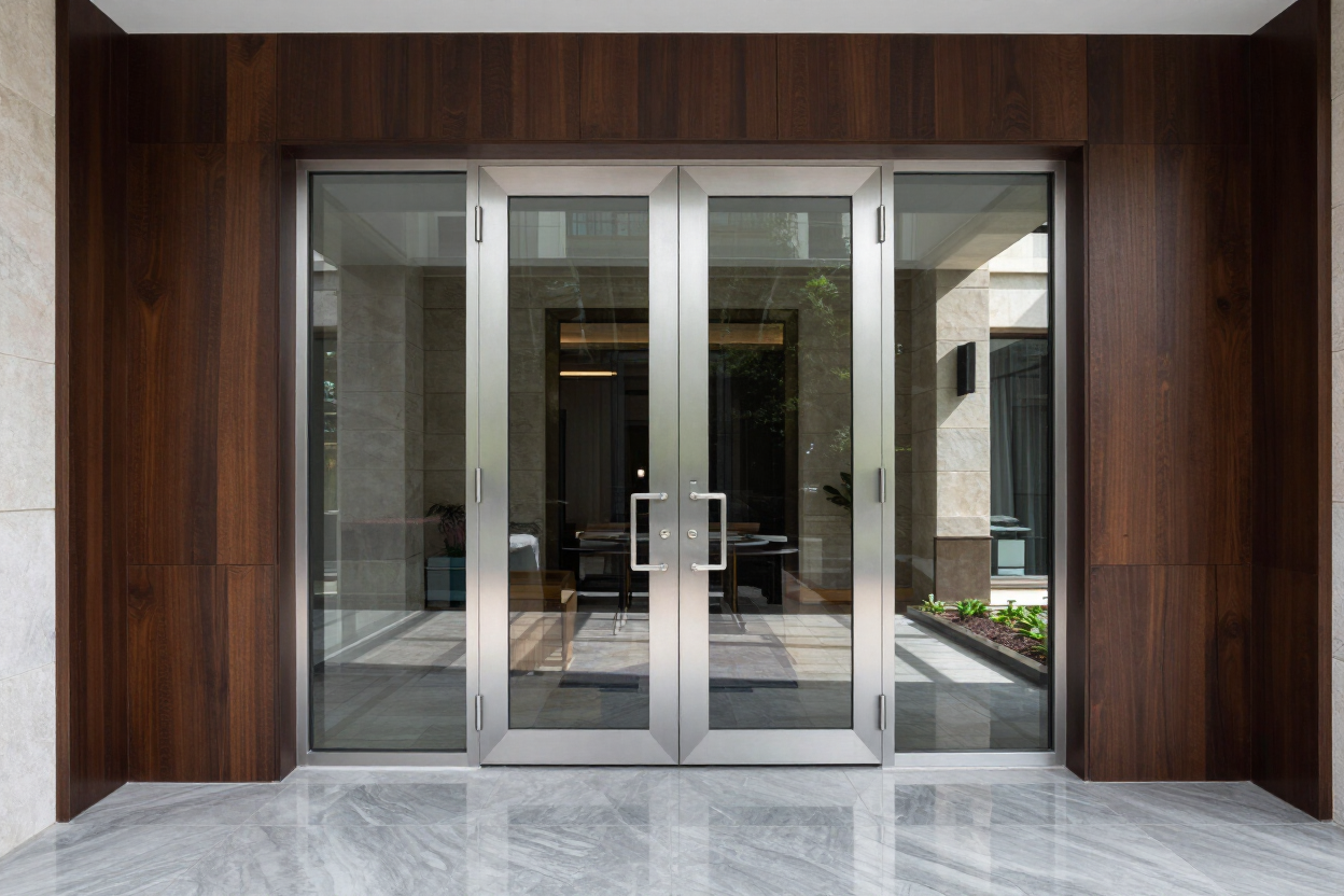 Puertas dobles de cristal enmarcadas en madera oscura en la entrada de un edificio moderno.