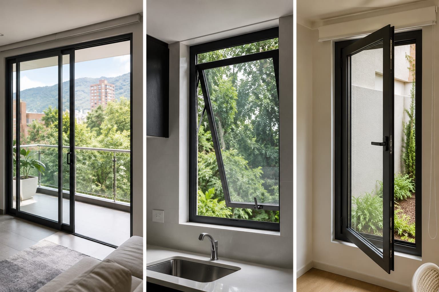 Tres vistas de ventanas modernas con marcos negros en un luminoso apartamento con vegetación en el exterior.
