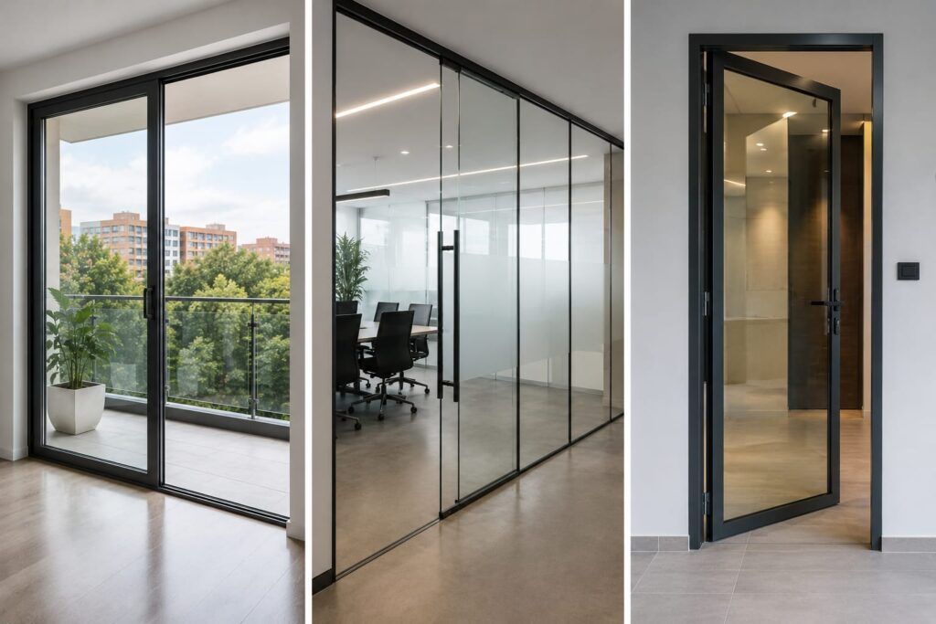 Tres modelos modernos de puertas de cristal para oficinas