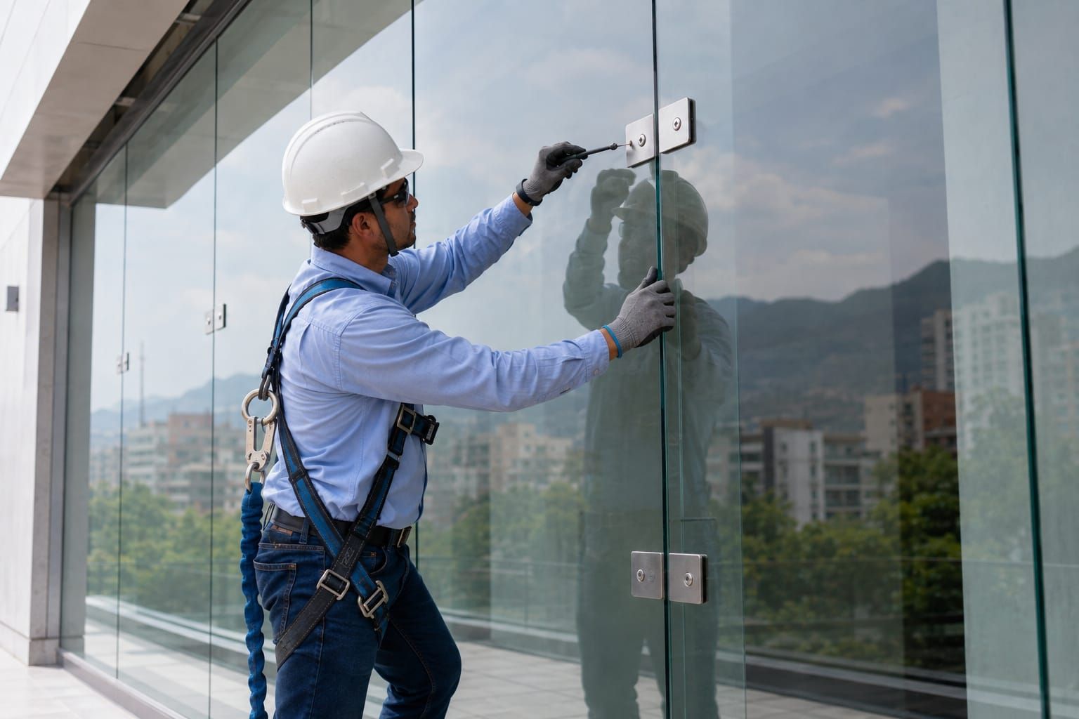 Trabajador con casco instalando paneles de vidrio en la fachada de un edificio.