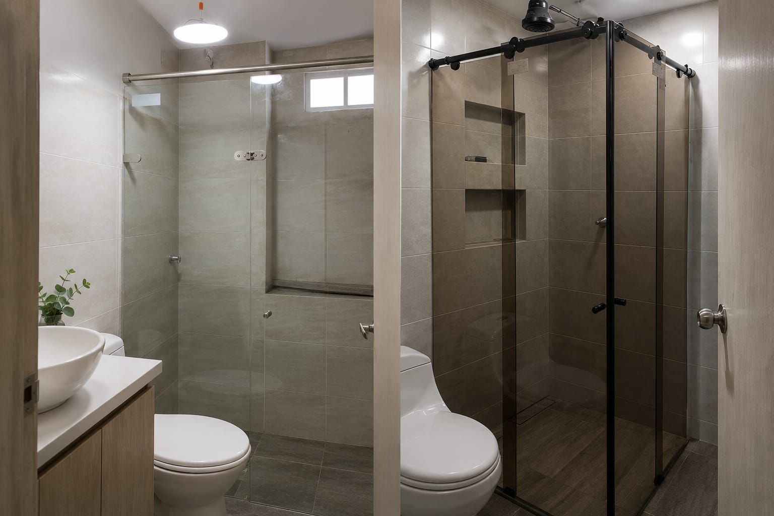 Baño con inodoro, lavabo y cabina de ducha de cristal en una habitación con azulejos beige.