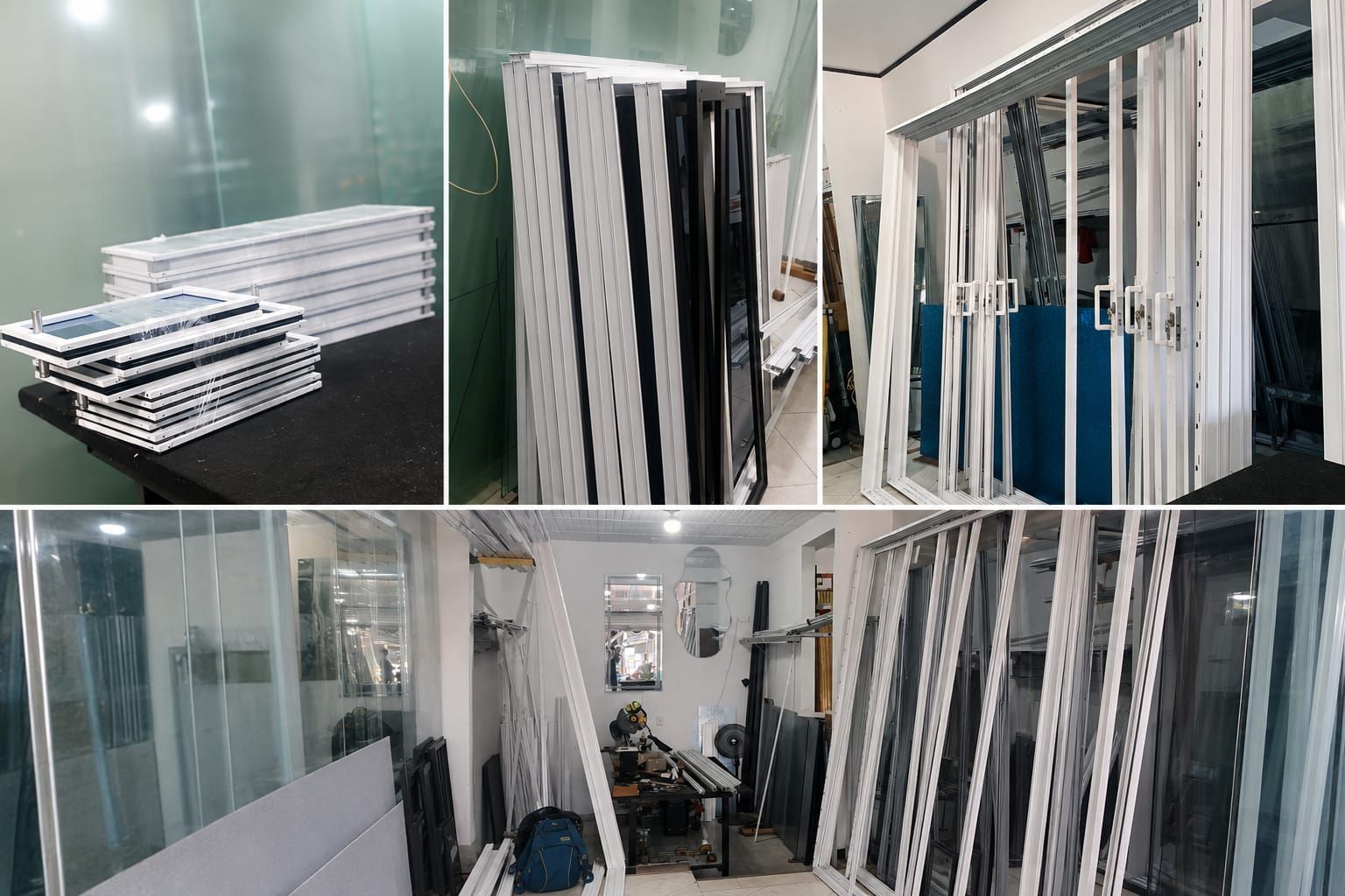 Almacén interior con pilas de marcos blancos y paneles transparentes almacenados en posición vertical en un pasillo estrecho.