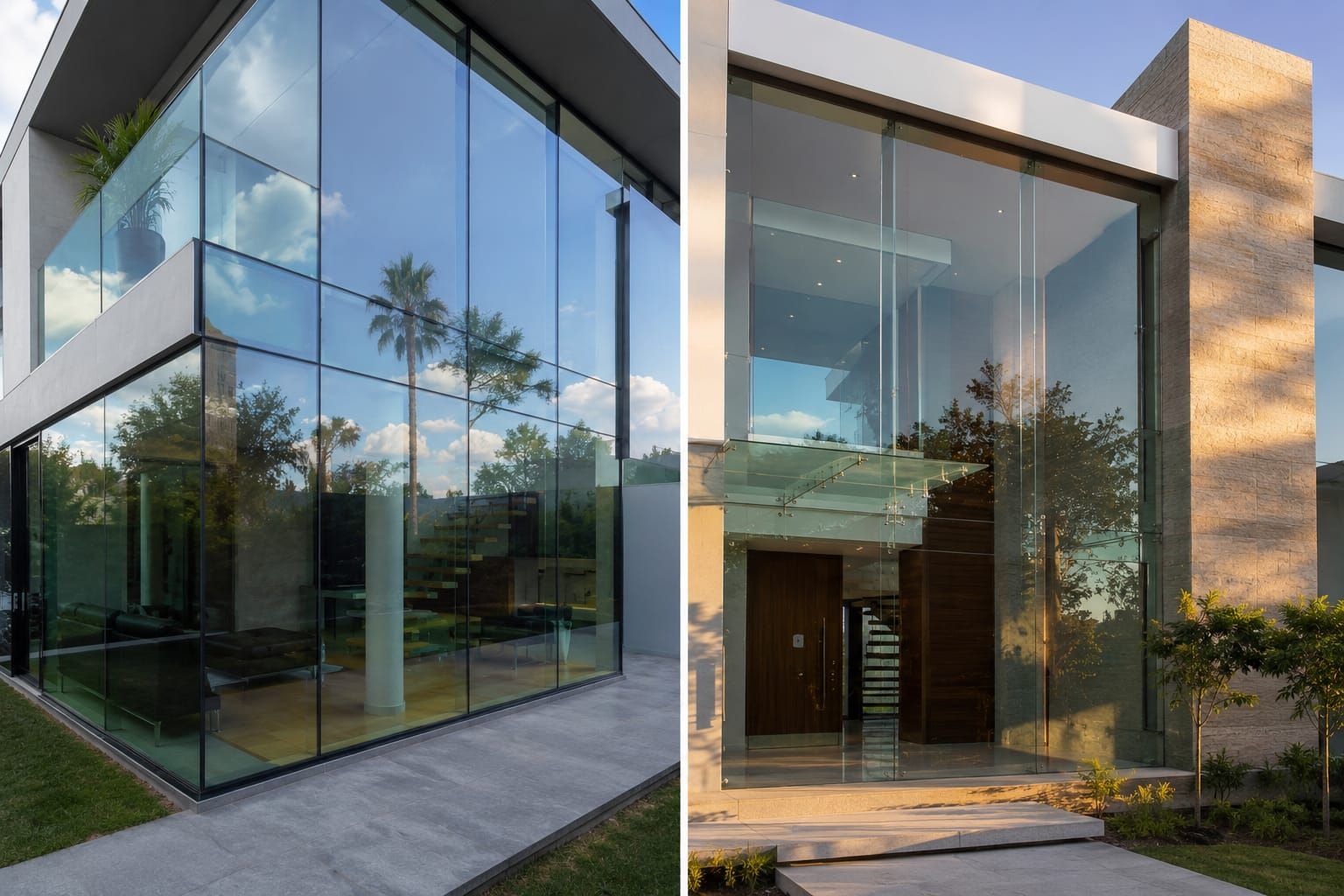 Moderna casa con fachada de cristal, ventanales del suelo al techo y jardín paisajístico al atardecer.