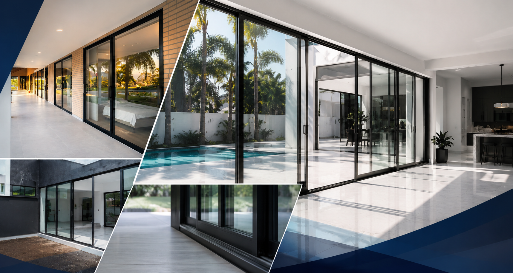 Interior de una casa moderna con grandes paredes de cristal, patio y piscina en un collage geométrico.