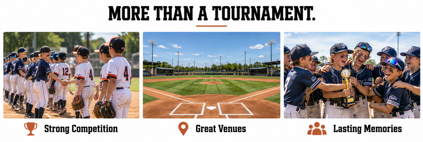 Banner with baseball players, a green field, and team huddle under “More Than a Tournament” headings