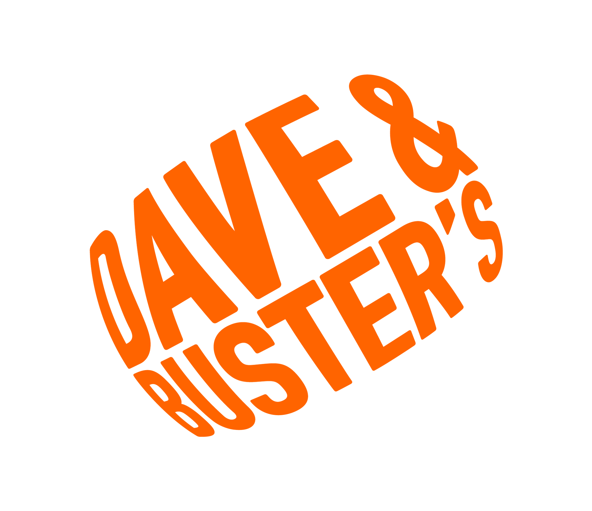 Orange tilted “DAVE & BUSTER’S” logo text on a white background