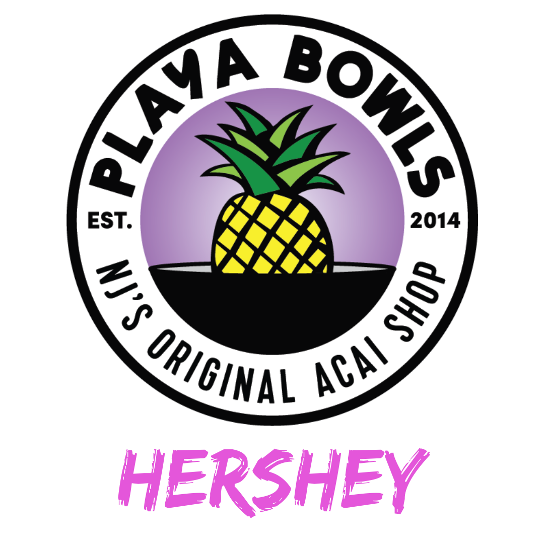 Playa Bowls Hershey logo with pineapple icon and purple background, text: “NJ’s Original Açaí Shop”