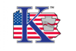 Stylized blue K with red and white American flag stripes and stars overlaying it
