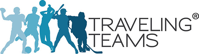 Blue silhouette runners and walkers beside the text “TRAVELING TEAMS” logo