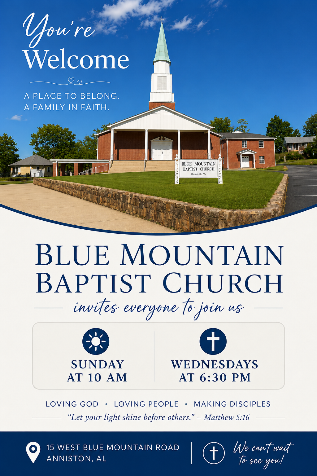 Blue Mountain Baptist Church exterior with steeple and blue sky.