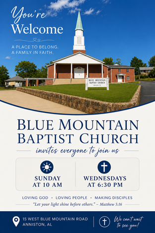 Blue Mountain Baptist Church exterior with steeple and blue sky.